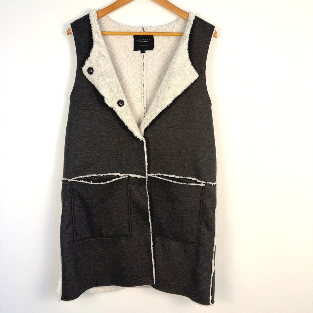 Sanctuary Sherpa Lined Longline Vest Women Large‎ Grey Faux Shearling Lagenlook